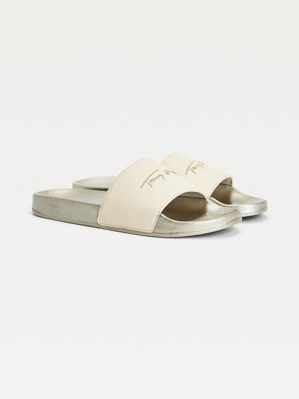 TOMMY HILFIGER Claquettes métalisées à logo signature Ligh Gold