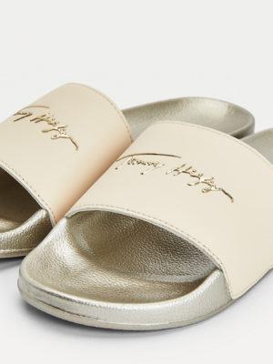 TOMMY HILFIGER Claquettes métalisées à logo signature Ligh Gold